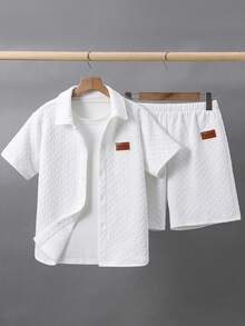 SHEIN 2件套/套 青少年男童休闲百搭舒适 Polo 领开襟宽松短袖上衣和短裤两件套，适合春、夏、秋、冬季在学校、花园、海滩、生日等场合穿着。 - 白色 - 查看 4