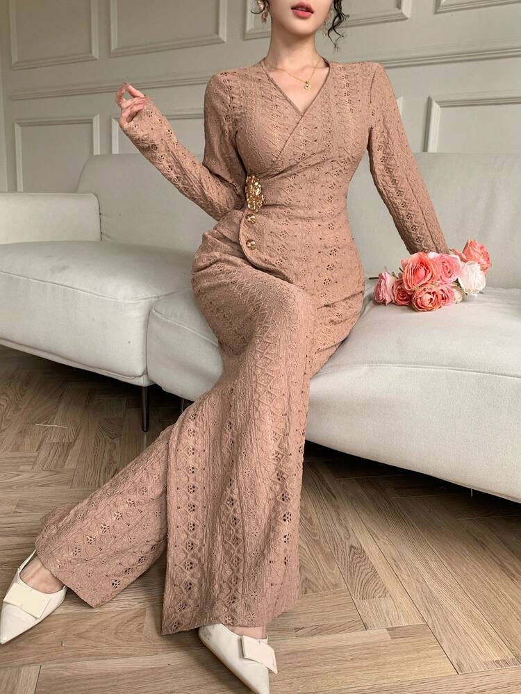 Women's Elegant Solid Color Textured V-Neck Asymmetric Hem Shirt And Wide Leg Pants 2-Piece Set, Spring/Summer Lounge Sets For Women