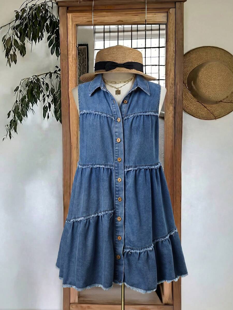 EMERY ROSE Mature Denim 女士毛边单排扣休闲无袖牛仔衬衫裙 - 藍色 - 查看 1