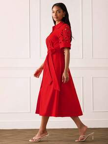 Lilora 女款紅色腰帶休閒優雅通勤辦公約會襯衫洋裝，適合早午餐與夏季 - 紅色 - 查看 5