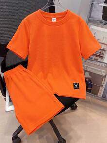 2st/set Tween Boy Casual T-shirt med broderier & orange shorts - Orange - Visa 3