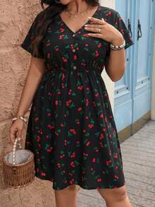 Comfylo Vestido de manga corta con cuello en V y estampado floral para vacaciones en tallas grandes - Negro - Ver 6