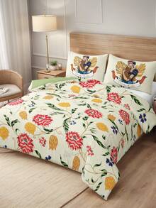 Frida Kahlo X SHEIN 3-Piece Set Of Plant And Flower Fresh Green Printed Quilt Cover, Matte Material, Soft And Warm, Blue Quilt Cover, Available In A Variety Of Sizes, Suitable For Single Bed/Double Bed/Queen Bed/King Bed, Great Gift. - Sprout Green - View 4