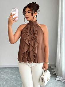 Elenzga Plus Size Women's Elegant Round Neck Ruffle Hem Blouse, Spring/Summer - Brown - View 4