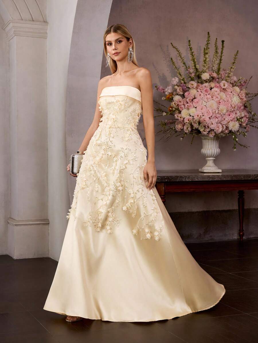 MOTF Soiréza Đầm maxi dự tiệc thanh lịch không dây/kiểu quây – Thêu hoa 3D, đính sequin và hạt cườm lấp lánh, kiểu dáng ôm sát với dây buộc phía sau và dáng chữ A bồng bềnh | Lý tưởng cho các buổi tiệc, dạ hội, đêm giao thừa và các sự kiện trang trọng, trang phục mùa xuân và mùa hè. - Màu vàng - Xem 2