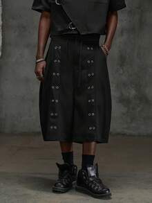 NEON BLANC Men's Summer Street Metal Eyelet Pleated Shorts - Black - View 2