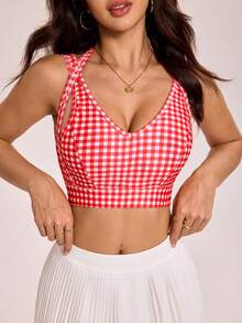 SHEIN Sovereign Charm 女士格子印花休闲健身运动文胸 - 紅白色 - 查看 4