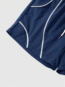ROMWE MEN Men's Striped Contrast Color Zipper Vest And Casual Drawstring Waist Shorts Set - Navy Blue - View 5