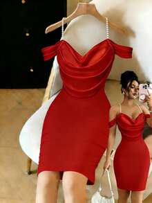 SHEIN LUNE Fitted Sexy Ruched Open Shoulder Beaded Midi Dress For Women - Red - View 4