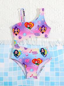 4-7岁女童连体泳衣，时尚撞色沙滩派对泳装 - 彩色 - 查看 3