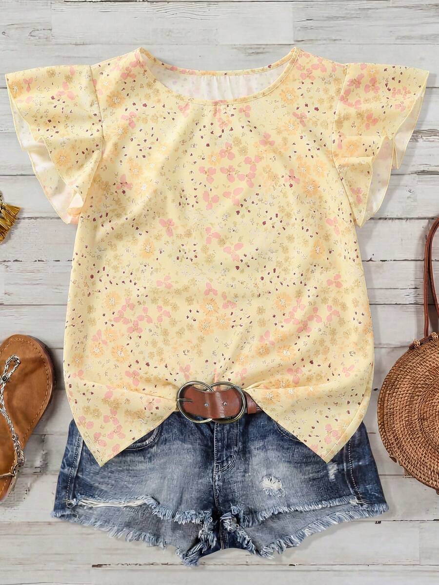 EMERY ROSE Women's Ditsy Floral Regular Fit Vacation Casual Commute Shirt With Ruffle Sleeves - Light Yellow - View 1