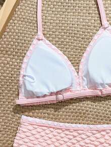 SHEIN Tween Girls Baby Pink Summer Cute Beach Holiday Bikini Swimwear,Textured Halter Triangle Top&High-Waisted Briefs Two-Piece Set,Floral Bathing Suits - Pink - View 5