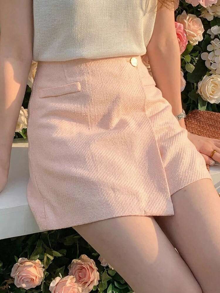 Women's Solid Color Integrated Oblique Collar Elegant Formal Summer Shorts Skirt