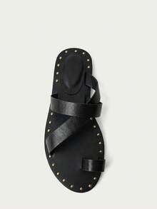 Studded Flat Sandals With Sleek Cross Straps And Open Toe Design. Easy Slip-On Style Perfect For Beach Vacation Outfits, Casual Summer Looks, And Relaxed Everyday Wear - Black - View 6