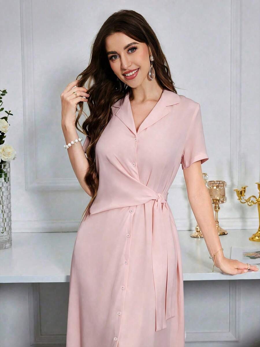 Modelyn 夏季纯色交叉裹身V领短袖连衣裙,前扣设计,女士长款套装 - 粉色 - 查看 1