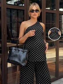 MaterniWear Bộ đồ bầu không tay chấm bi, vai lệch, kiểu dáng thường ngày, 2 món, thích hợp cho mùa hè. - màu đen - Xem 1
