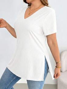 Shapeblank Women's Plus-Size White Summer Casual Everyday V-Neck Short-Sleeved T-Shirt,High-Elasticity Comfortable High-Slit Basic Versatile Curve Tops - White - View 3