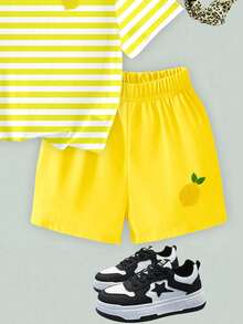 SHEIN Elladie kids 春夏女生休闲时尚创意个性清新可爱简约柠檬黄白条纹印花夏日度假风基础款短袖T恤短裤套装，舒适日常穿着，适合春夏女生穿搭 - 彩色 - 查看 5