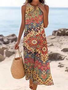 EMERY ROSE 大码波西米亚风佩斯利印花V领无袖长裙，复古花卉波西米亚长裙，夏季海滩度假及野餐女装 - 彩色 - 查看 4
