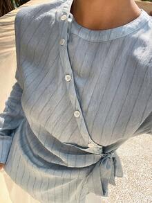 Livesso 女士圆领斜领系带条纹衬衫 - 藍色 - 查看 6