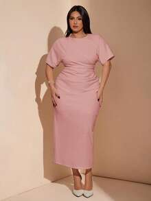 SHEIN BAE 大码女式纯色褶皱露背开衩性感连衣裙 - 粉色 - 查看 5