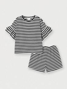 SHEIN 2pcs/Set Tween Girls' Round Neck Short Sleeve Striped Ruffle Sleeve T-Shirt And Striped Shorts - Black and White - View 4
