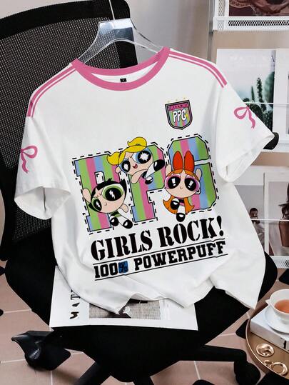 THE POWERPUFF GIRLS X SHEIN 女士休闲卡通字母印花T恤，夏季