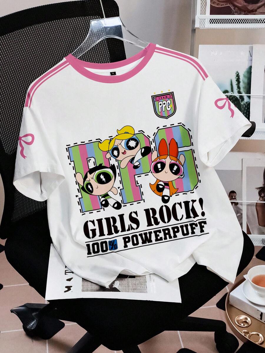 THE POWERPUFF GIRLS X SHEIN 女士休闲卡通字母印花T恤,夏季 - 白色 - 查看 1