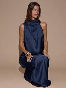 SHEIN BAE Đầm maxi dáng đuôi cá màu vàng kem trơn, gợi cảm, tối giản, không dây vai, bất đối xứng, thích hợp cho tiệc tùng, cocktail, các dịp trang trọng, phù dâu, sinh nhật, đầm dài bằng satin màu vàng. - Màu xanh hải quân - Xem 4