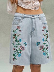Bohemela Quần short denim thêu họa tiết thường ngày dành cho nữ - Màu xanh nhạt - Xem 3