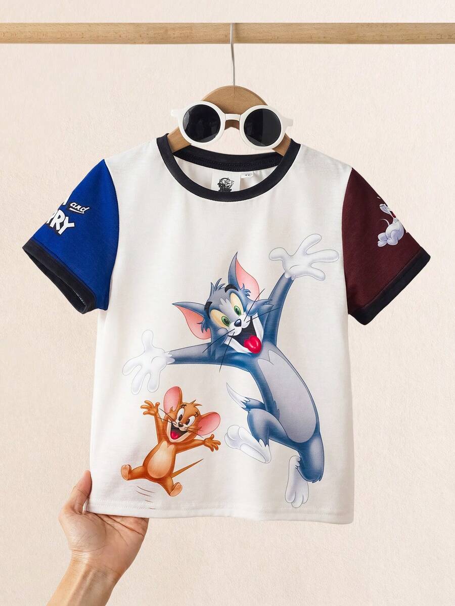 TOM & JERRY X SHEIN Áo thun tay ngắn cổ tròn in hình hoạt hình bé trai, kiểu dáng thường ngày. - Xám - Xem 1