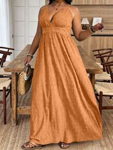 Weeklong Plus Size Women Summer Spaghetti Strap Textured Belt Beach Vacation Dress - Orange - View 4