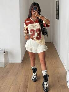 Coolane 女士夏季街头风外出休闲运动印花透气网眼宽松针织T恤 - 酒紅色 - 查看 5