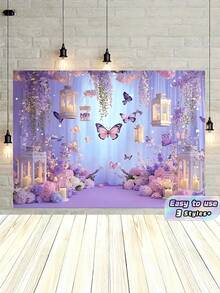 1pc 2d Flat, Glamorous Butterfly Party Backdrop, Polyester Material, Purple Background, Rectangular Photography Backdrop, Bohemian Style, Decorated With Purple Butterflies And Flowers. Suitable For Birthday And Wedding Decorations, Living Room And Bedroom Decorations, Office Decorations, Multi-Seasonal Use, Gifts, Photo Props. Available In Multiple Sizes. - Multicolor - View 1