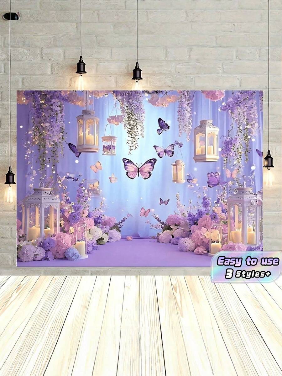 1pc 2d Flat, Glamorous Butterfly Party Backdrop, Polyester Material, Purple Background, Rectangular Photography Backdrop, Bohemian Style, Decorated With Purple Butterflies And Flowers. Suitable For Birthday And Wedding Decorations, Living Room And Bedroom Decorations, Office Decorations, Multi-Seasonal Use, Gifts, Photo Props. Available In Multiple Sizes. - Multicolor - View 1