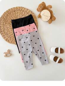 3-Unit Pack Newborn Baby Girls Comfortable Ribbed Leggings,Cute Infant Girl Sweet Heart Pattern Rib Knit Thick Leggings Set For Everyday Wear - Multicolor - View 7
