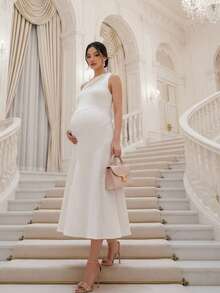 SHEIN Maternity Solid Color Asymmetrical Shoulder Fitted Minimalist Design Elegant Summer Dress - White - View 3