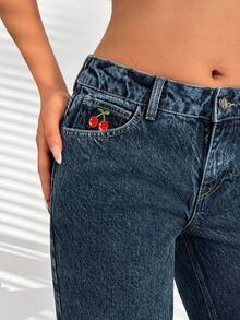 SHEIN Mid-Waist Straight Leg Medium Blue Washed Casual Denim Jeans With Embroidered Details And Front Button Design - Medium Wash - View 2