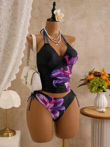 Zestiva Spring/Summer New Lily Print Skirt Side Drawstring Low Waist Triangle Bikini Set For Women - Multicolor - View 6