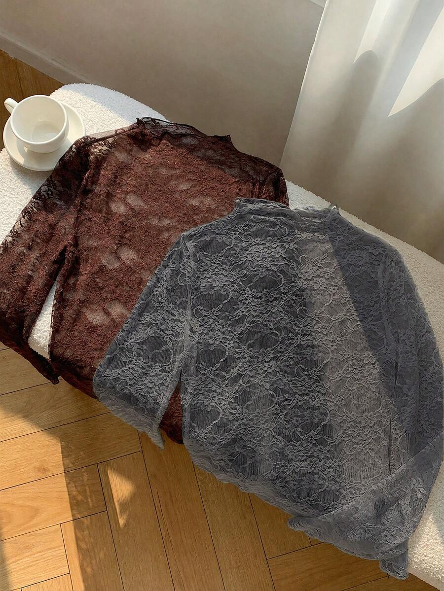 Comfortcana 女士时尚休闲针织蕾丝网纱两件套,蕾丝长袖上衣,蕾丝衬衫,蕾丝打底衫,蕾丝针织毛衣,蕾丝长袖打底衫 - 彩色 - 查看 1