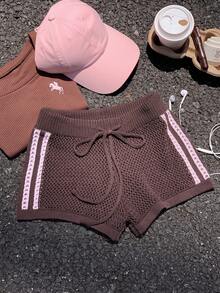 Comfortcana Shorts esportivos casuais de verão femininos com cintura ajustável por cordão e listras laterais contrastantes em tricô. - Castanho Café - Ver 7