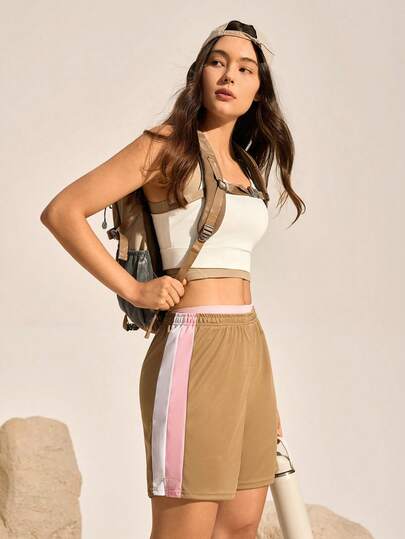 Exploreva Women's Elastic Waist Side Stripe Casual Outdoor Shorts