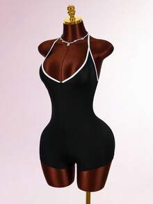 Amplova Spaghetti Strap Triangle Cup Textured Bohemian Style Backless Criss-Cross Strap Bodycon Romper - Black - View 3
