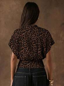 SHEIN BAE Women's Leopard Print Pleated Short Sleeve Casual T-Shirt,Summer Top - Multicolor - View 2