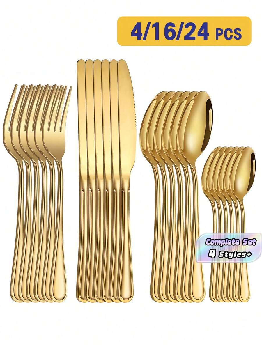 4/16/24PCS Juego de cubiertos portátil de acero inoxidable con caja de almacenamiento, palillos, tenedor, cuchara, cuchillo, juego de vajilla de viaje, cubiertos de camping. Útiles escolares, regreso a la escuela - Dorado - Ver 1