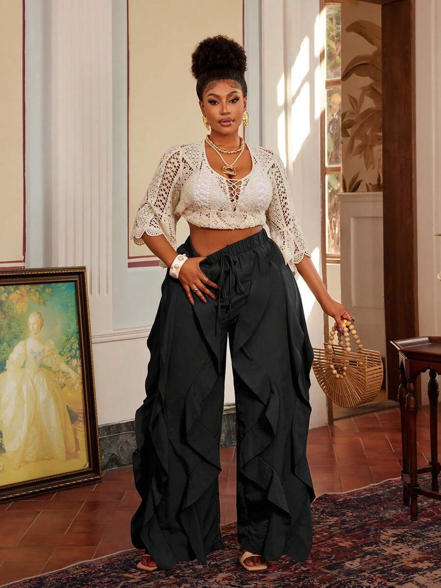 Maweii Plus Size Casual American Style Flattering Ruffle Hem Pants Fall - Black - View 1