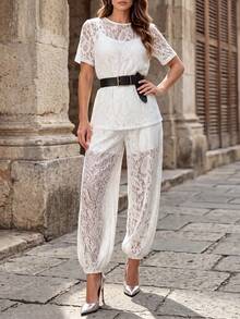 Editum Women's White Elegant Sexy Summer Lace Sheer Blouse Lantern Pants 2 Pieces Set, Chic Garden Party Golf Outfits, Boho Beach Vacation Holiday Clothing - White - View 5