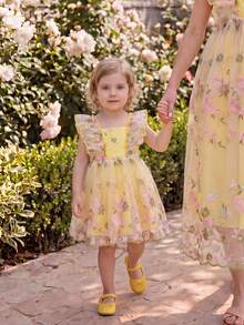 SHEIN Glamorique Kids 女婴公主裙,精美刺绣网纱裙摆,荷叶边领口,清新可爱,适合生日、婚礼、节日等场合。 - 黃色 - 查看 3