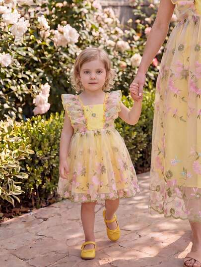 SHEIN Glamorique Kids Vestido de princesa para niña, falda de malla con bordado pesado, cuello con volantes, fresco y lindo vestido de fiesta, adecuado para cumpleaños, bodas, fiestas