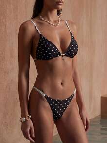 Anewsta Women's Summer Vacation Beach Polka Dot Print Halter Bikini Set - Multicolor - View 2